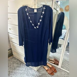 Navy Embroidered V-Neck Coastal Tunic Swim Cover Up Dress✨